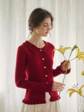 Under Jacket HighElastic Recovery Jocelyn Red Round Neck Knit Wool Cardigan