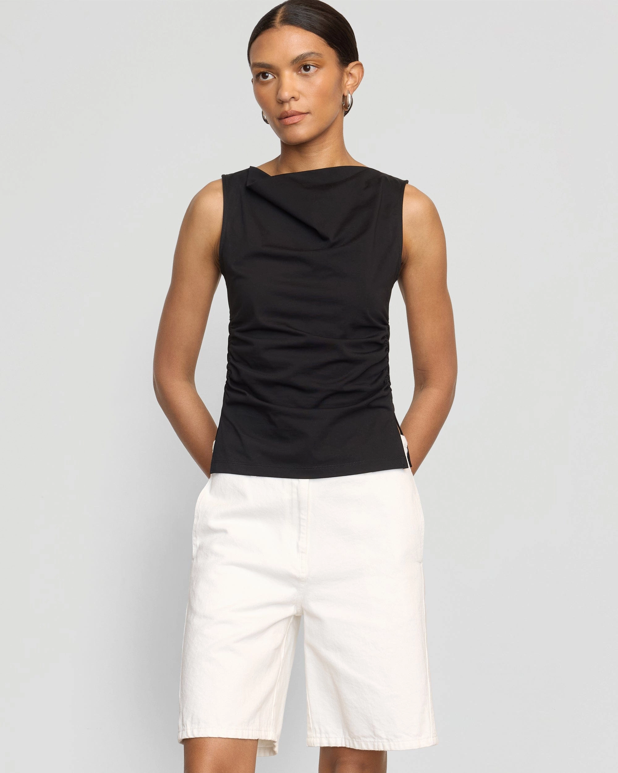 Josie Shirred-Side Cowl-Neck Tee Breathable Mesh Insert