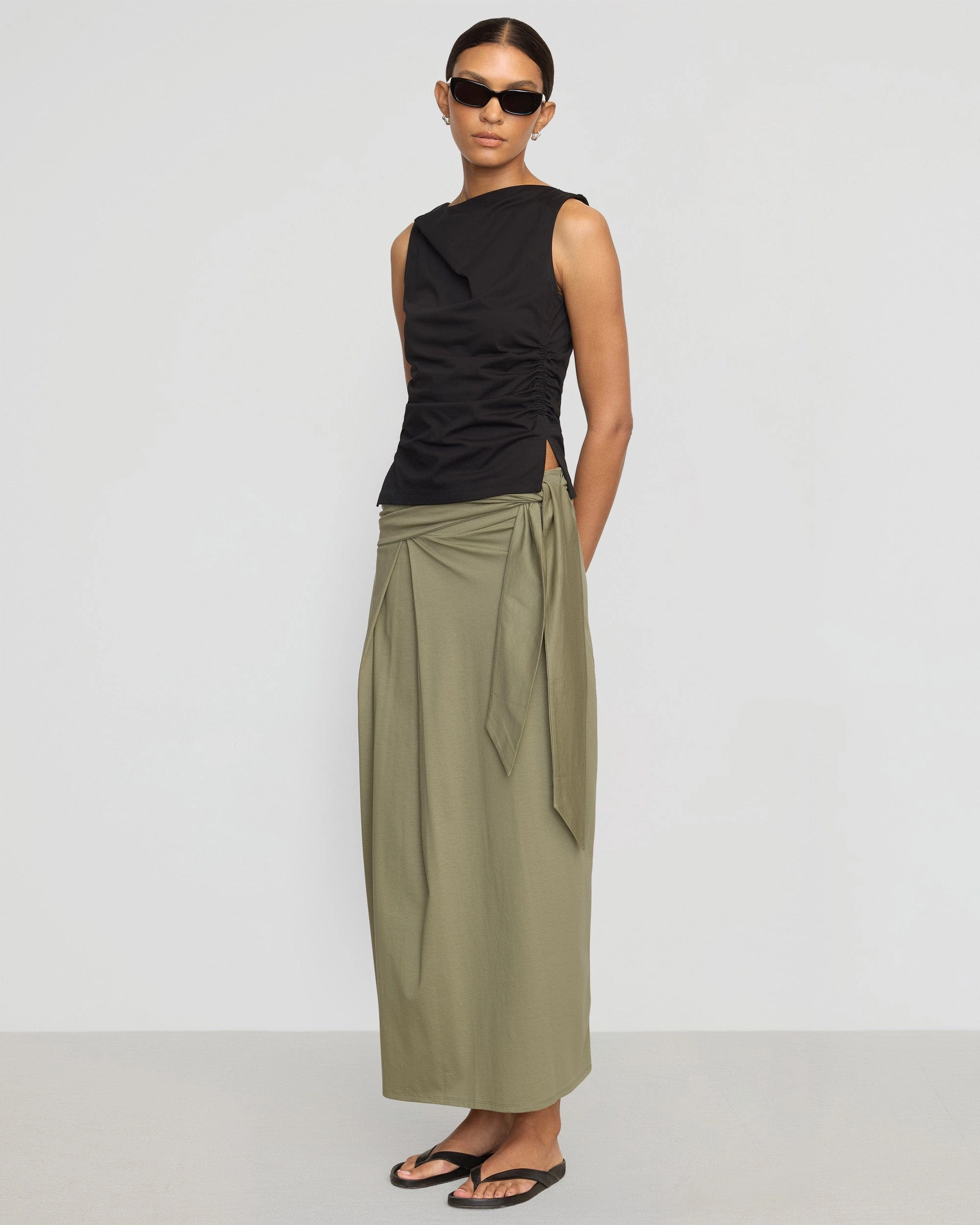 BreathableBackVents Ultra Soft Texture Josie Shirred-Side Cowl-Neck Tee