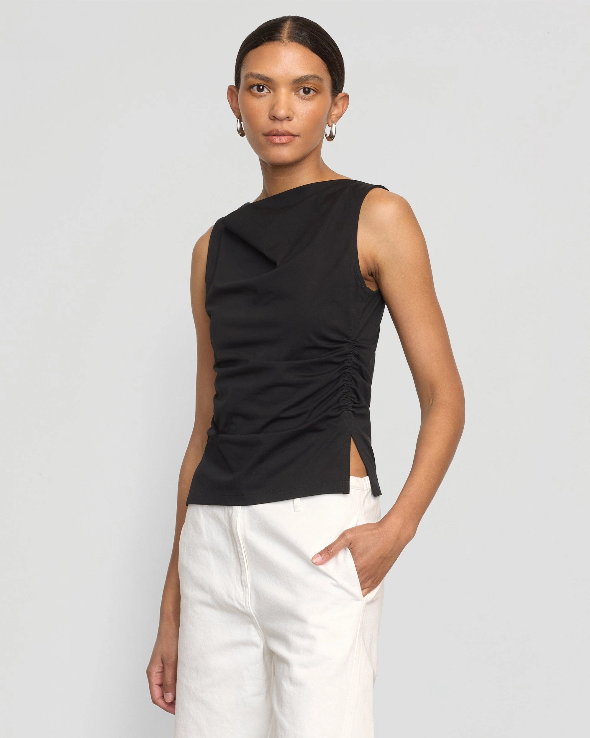Josie Shirred-Side Cowl-Neck Tee MoistureControl Warm Fabric