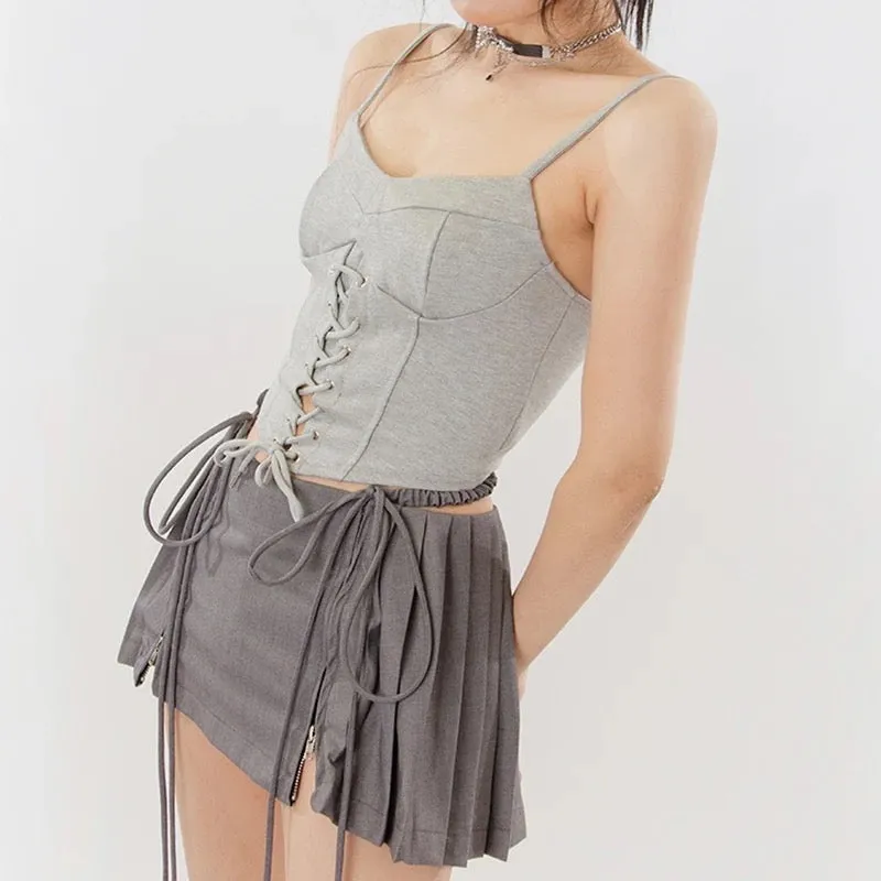 JOSKAA 2024 new Korean Aesthetic New Jeans Hanni Low Rise Pleated Mini Skirt