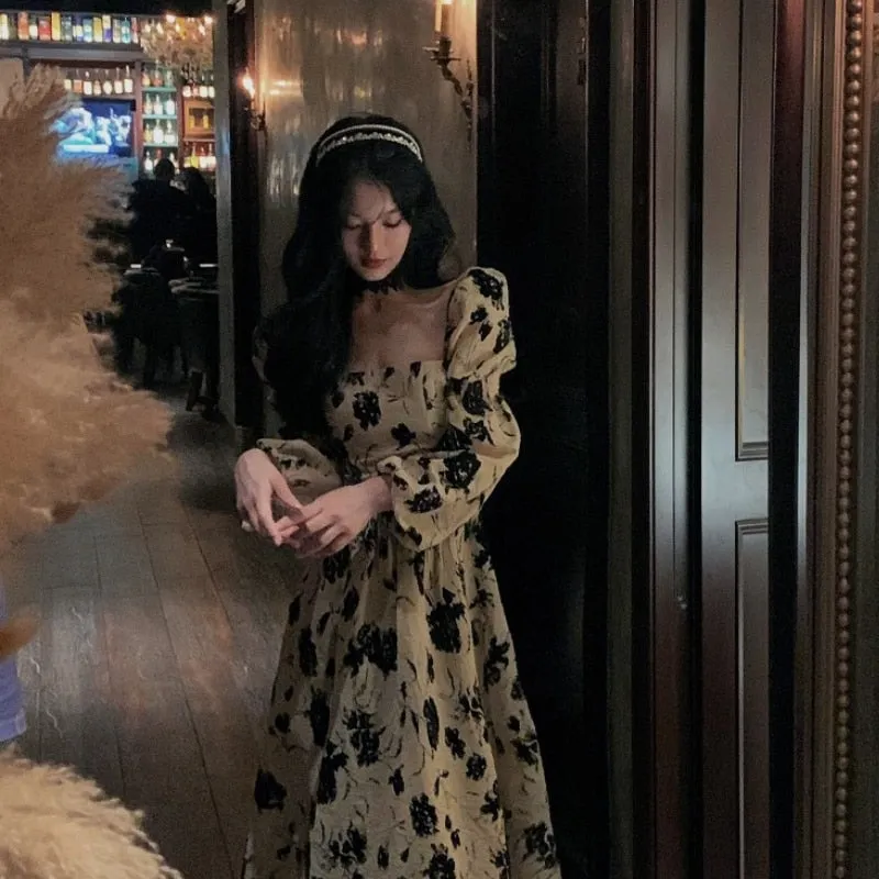 Joskaa Back to College French Vintage Floral Dress Women Korean Fashion Y2k Midi Dress Party 2024 Autumn Long Sleeve Elegant Retro Dress Female Design