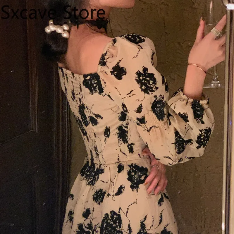 Joskaa Back to College French Vintage Floral Dress Women Korean Fashion Y2k Midi Dress Party 2024 Autumn Long Sleeve Elegant Retro Dress Female Design