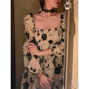 Joskaa Back to College French Vintage Floral Dress Women Korean Fashion Y2k Midi Dress Party 2024 Autumn Long Sleeve Elegant Retro Dress Female Design