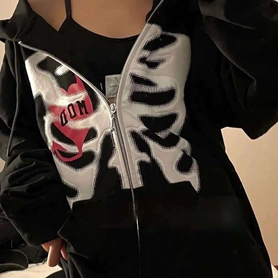 Joskaa Christmas Gift Zip-up Y2K Rhinestone Skeleton Oversized Sweatshirts 2024 Autumn Goth Hoodies Women Grunge Hooded Jacket Streetwear Retro Clothe