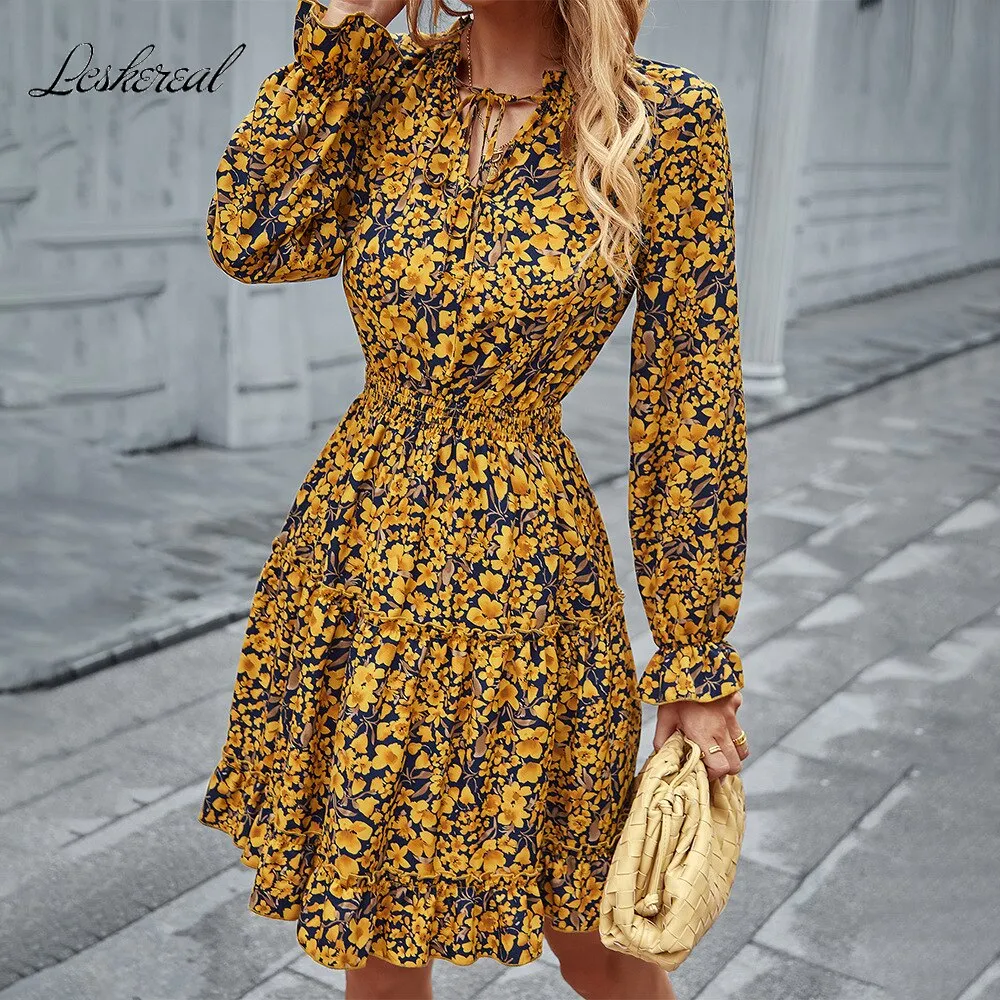 Joskaa hoco dresses Christmas Gift Fashion Elegant Vintage Long Sleeve Elastic Waist Dress 2024 Fall For Women Floral Casual Ladies Mini Dresses Woman Robe Femme