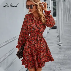 Joskaa hoco dresses Christmas Gift Fashion Elegant Vintage Long Sleeve Elastic Waist Dress 2024 Fall For Women Floral Casual Ladies Mini Dresses Woman Robe Femme