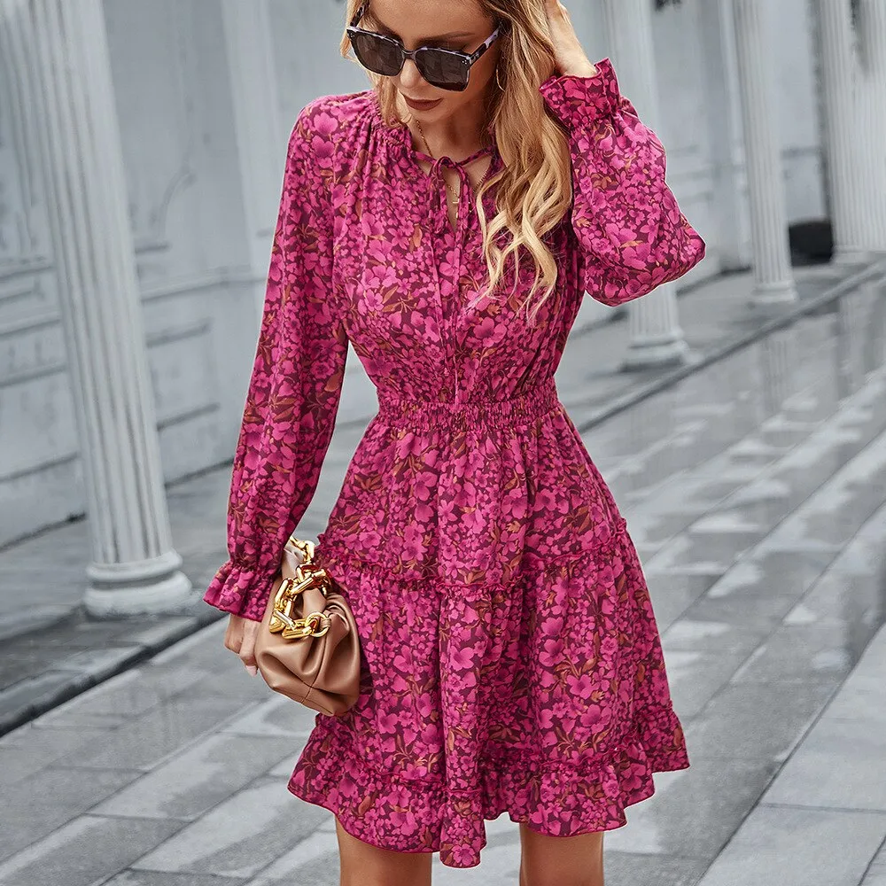 Joskaa hoco dresses Christmas Gift Fashion Elegant Vintage Long Sleeve Elastic Waist Dress 2024 Fall For Women Floral Casual Ladies Mini Dresses Woman Robe Femme