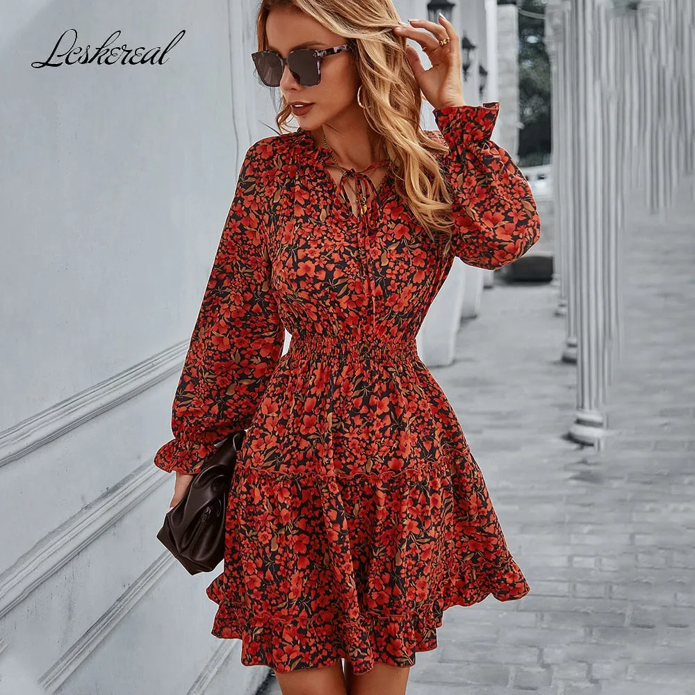 Joskaa hoco dresses Christmas Gift Fashion Elegant Vintage Long Sleeve Elastic Waist Dress 2024 Fall For Women Floral Casual Ladies Mini Dresses Woman Robe Femme