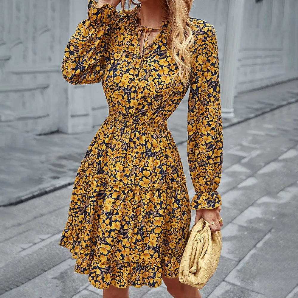 Joskaa hoco dresses Christmas Gift Fashion Elegant Vintage Long Sleeve Elastic Waist Dress 2024 Fall For Women Floral Casual Ladies Mini Dresses Woman Robe Femme