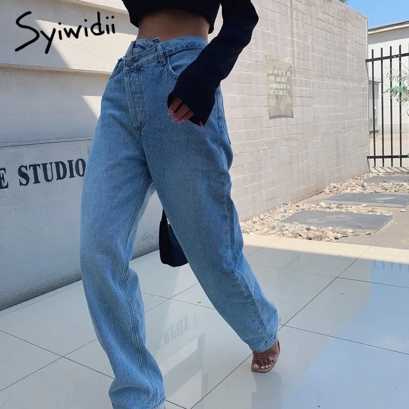 Joskaa Irregular High Waisted Mom Jeans for Women Straight High Street Full Length Denim Pants Clothes 2024 Fashion Spliced