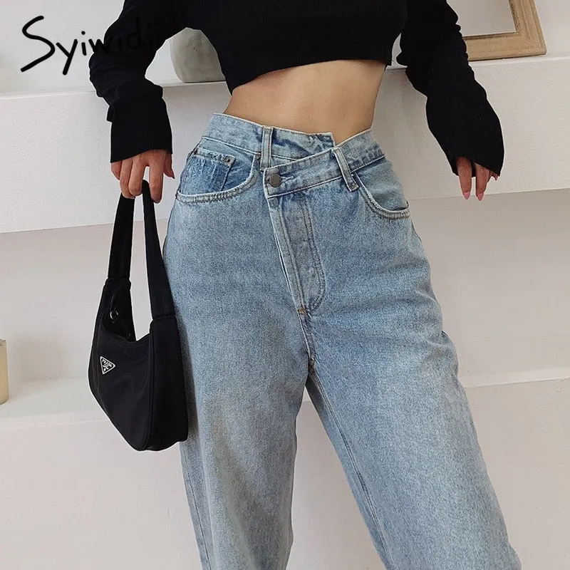 Joskaa Irregular High Waisted Mom Jeans for Women Straight High Street Full Length Denim Pants Clothes 2024 Fashion Spliced