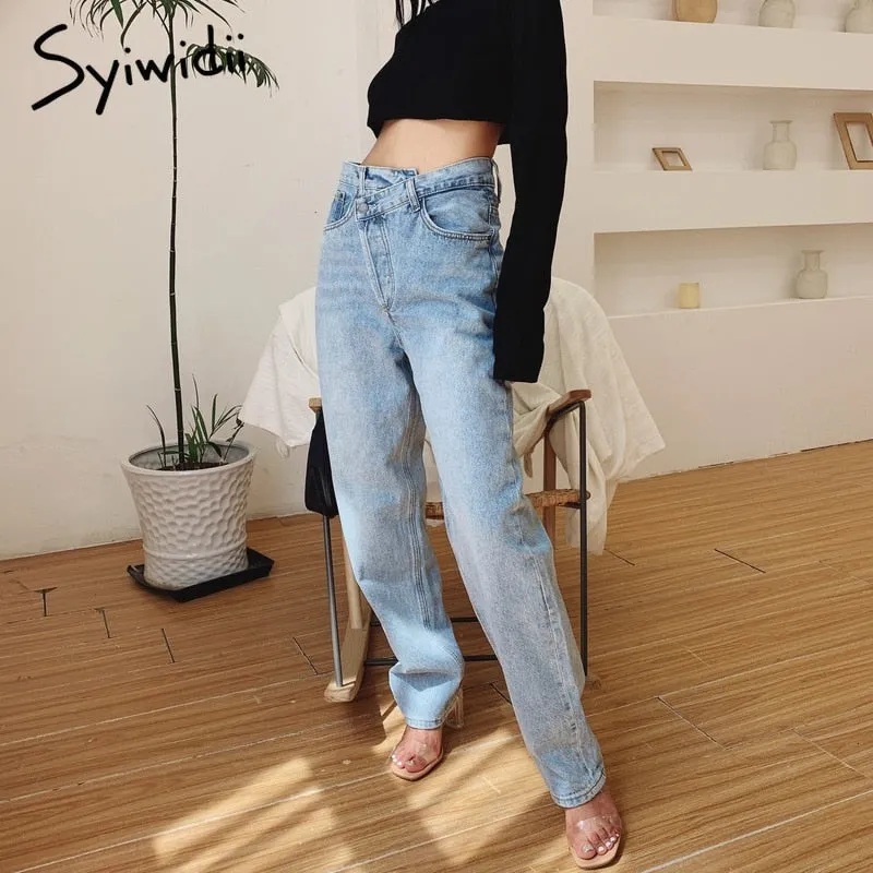 Joskaa Irregular High Waisted Mom Jeans for Women Straight High Street Full Length Denim Pants Clothes 2024 Fashion Spliced