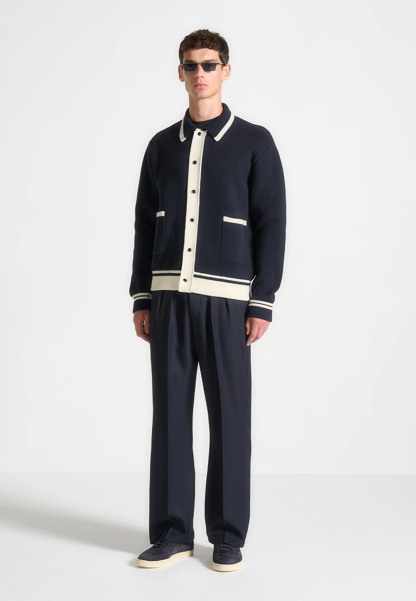 Julien - Classic Combed Cotton Knit Cardigan - Navy Mild Weather Adjustable Cuff