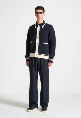Julien - Classic Combed Cotton Knit Cardigan - Navy Mild Weather Adjustable Cuff