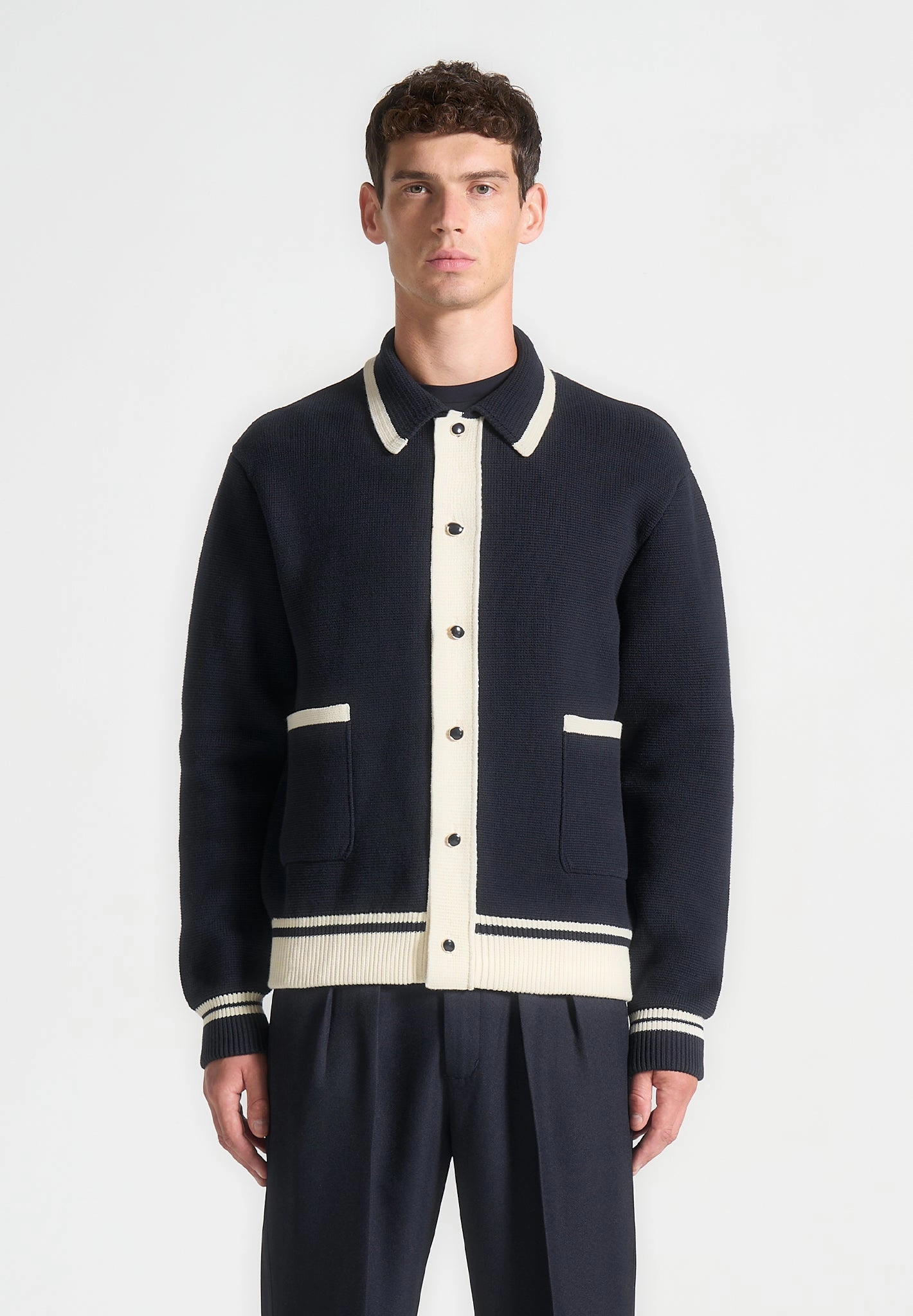 Julien - Classic Combed Cotton Knit Cardigan - Navy DenseKnit Fabric