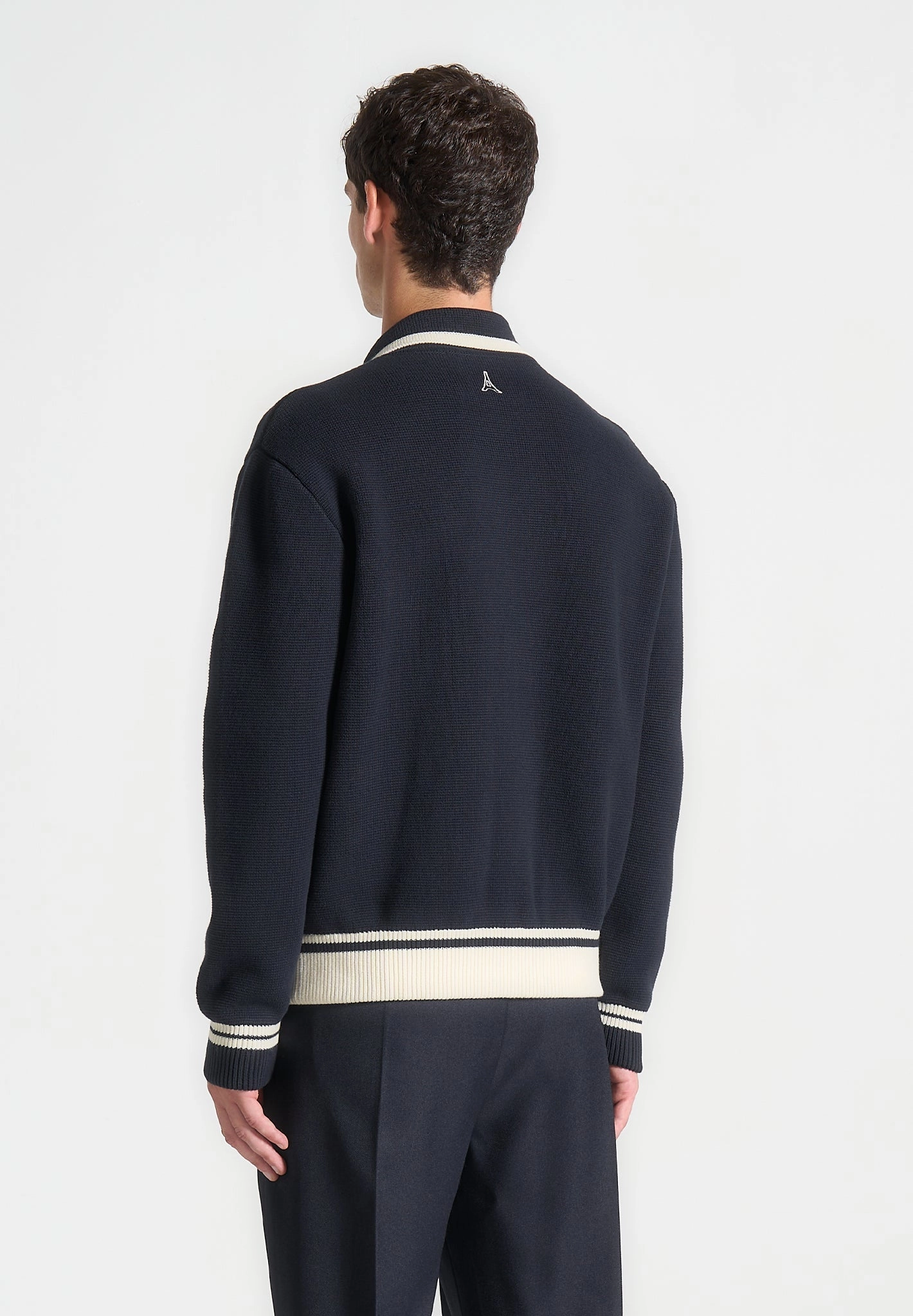Ventilated Mesh Panel Crewneck Style Julien - Classic Combed Cotton Knit Cardigan - Navy