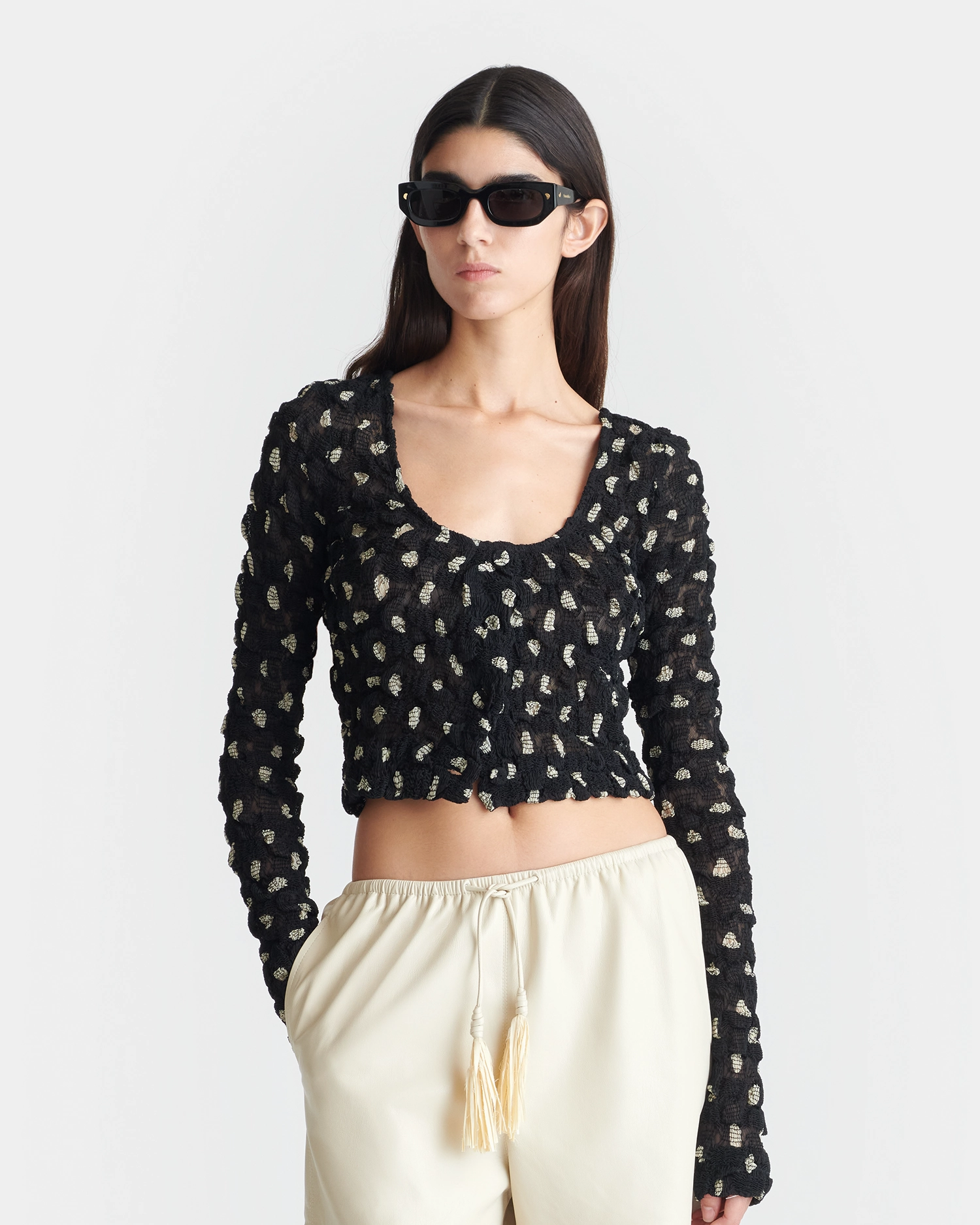 Jylan - Cropped Seersucker Tech Chiffon Top - Polka Low Profile Zipper Closure