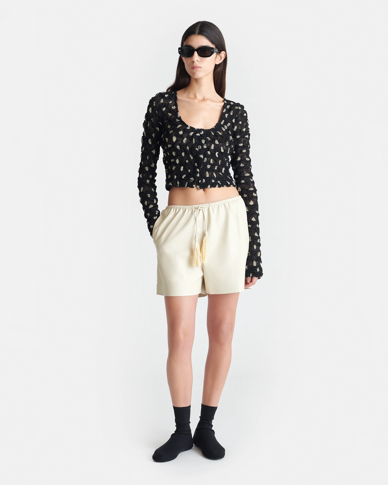 Flattering Drape FadeResistantTechnology Jylan - Cropped Seersucker Tech Chiffon Top - Polka