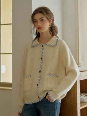Subtle Fit Kahlani Peter Pan Collar Contrasting Embroidered Pocket 100% Wool Cardigan - White