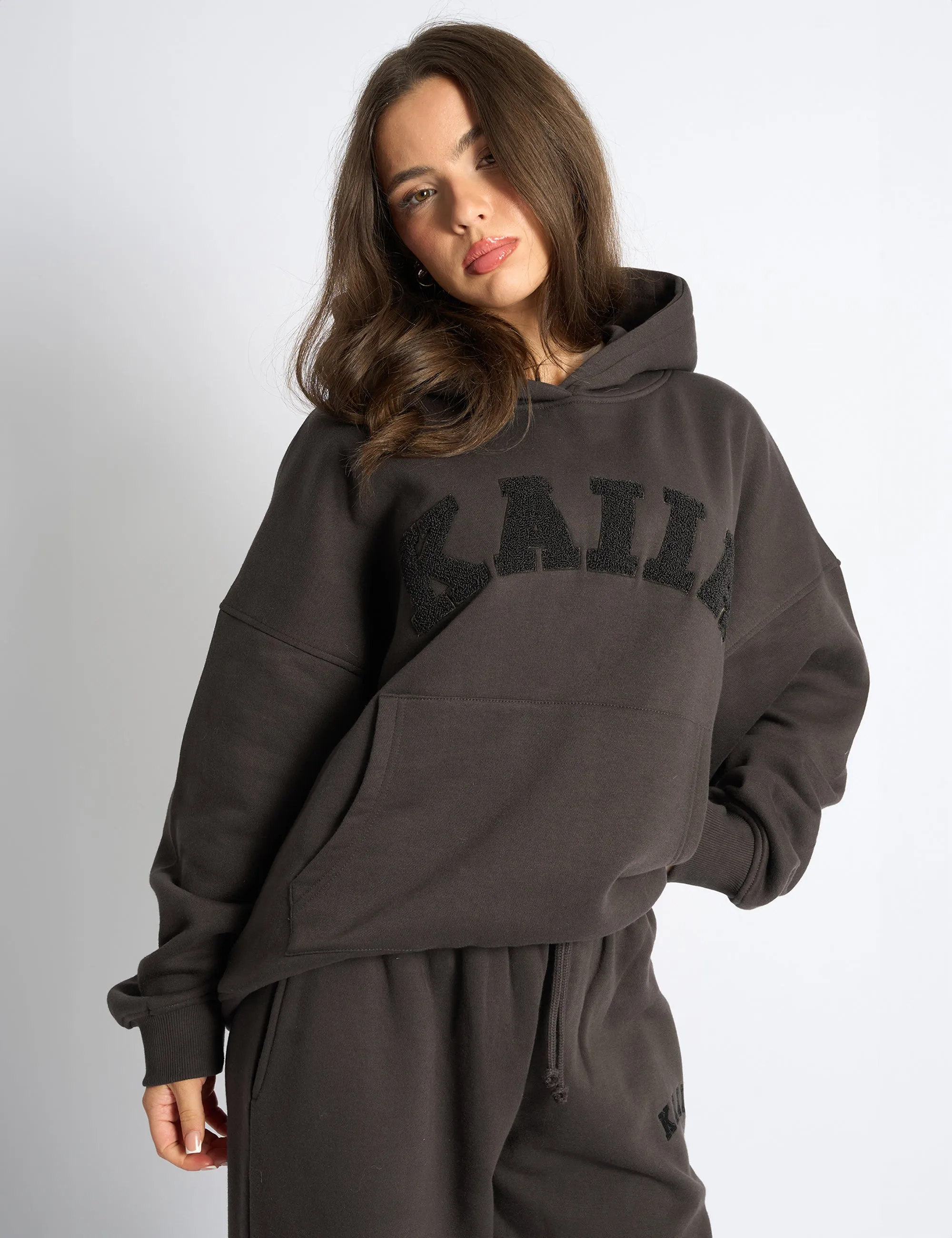Kaiia Borg Slogan Oversized Hoodie Chocolate