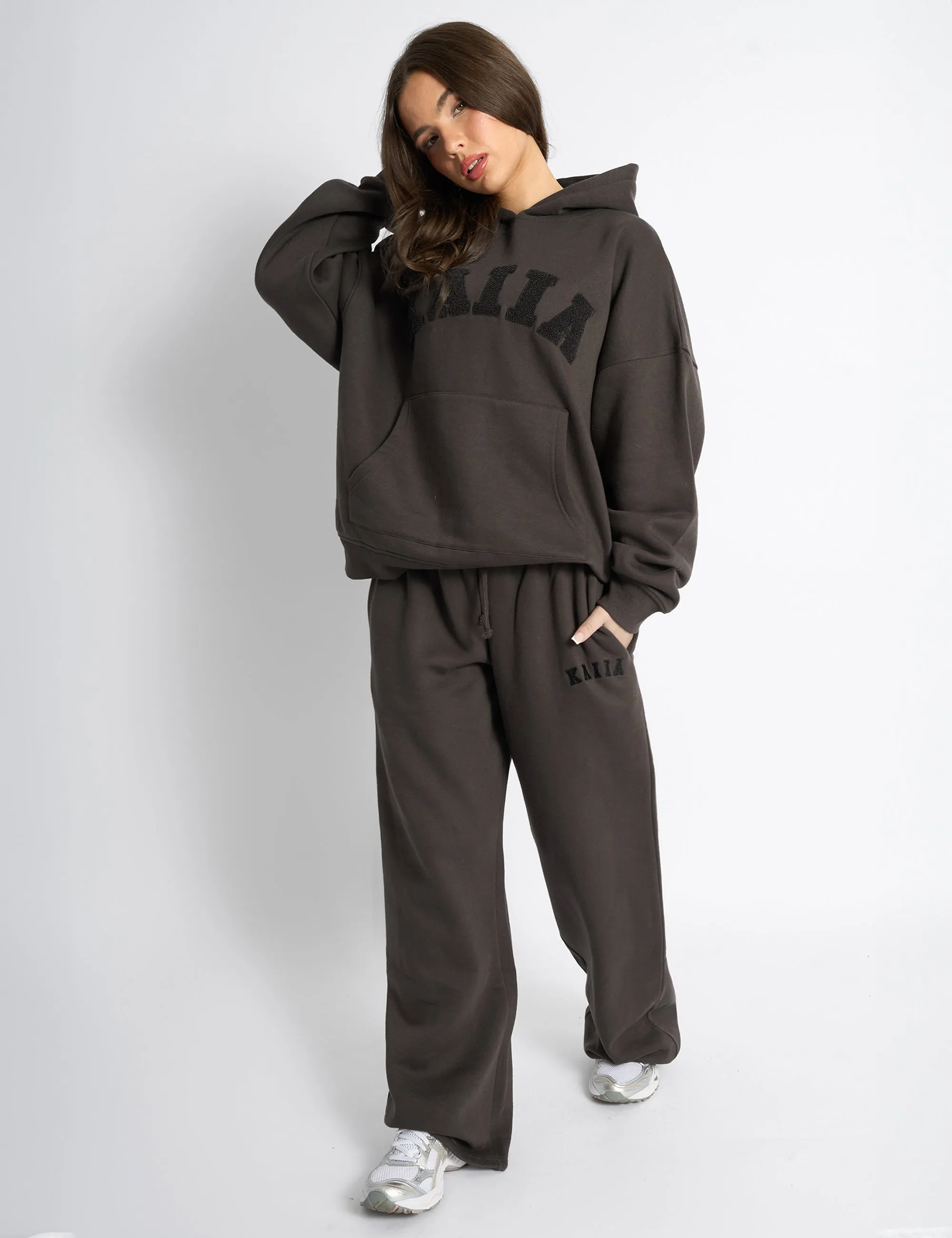 Kaiia Borg Slogan Oversized Hoodie Chocolate