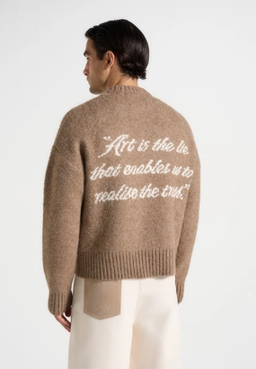 Kamil - Art Slogan Brushed Wool Knit Jumper - Beige Sleek Surface Classic Pick