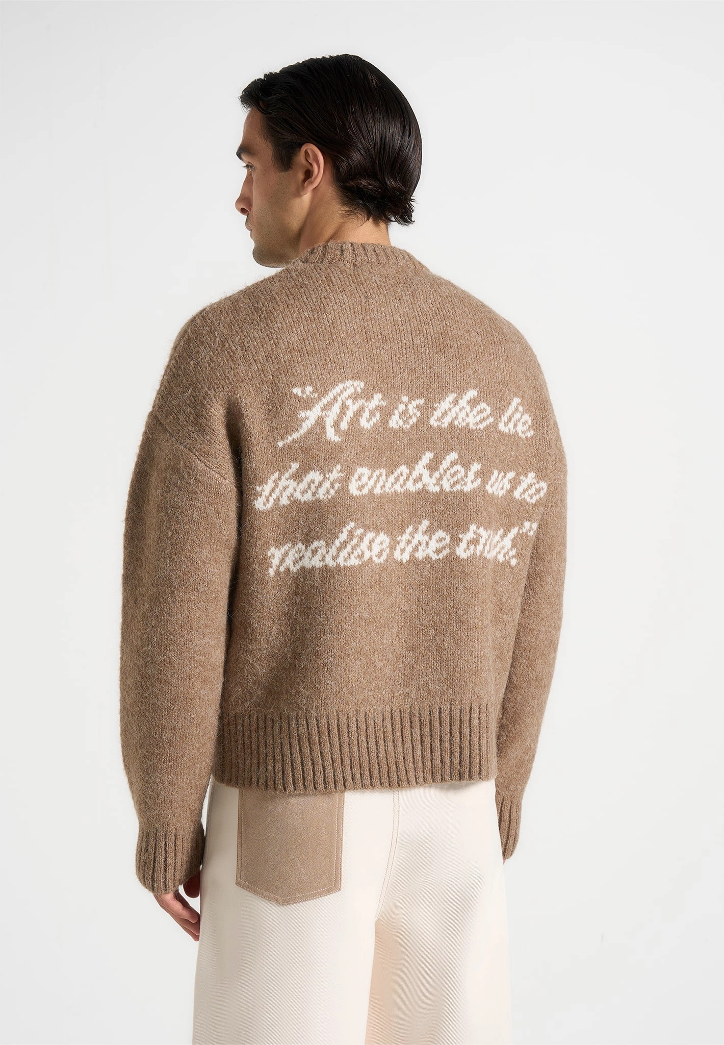 Kamil - Art Slogan Brushed Wool Knit Jumper - Beige Sleek Surface Classic Pick