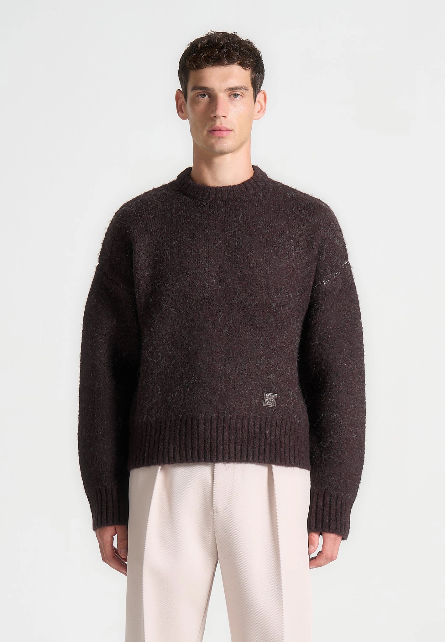 Kamil - Art Slogan Brushed Wool Knit Jumper - Brown Cozy Lining Daily Wear