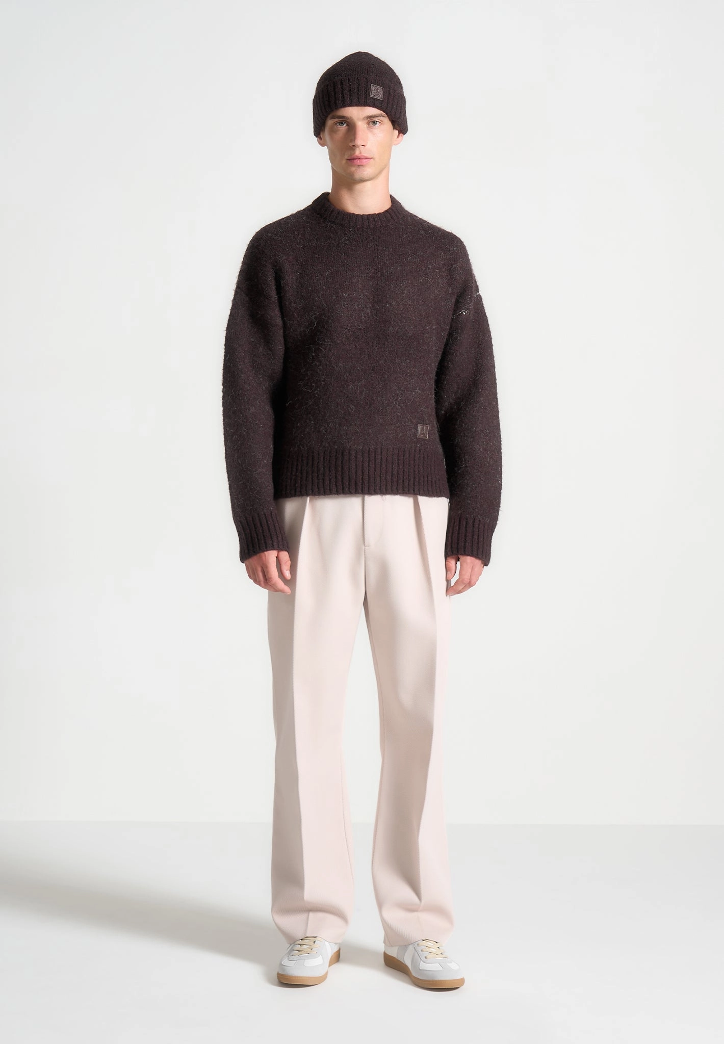 Kamil - Art Slogan Brushed Wool Knit Jumper - Brown Mild Weather Biodegradable Fiber Blend