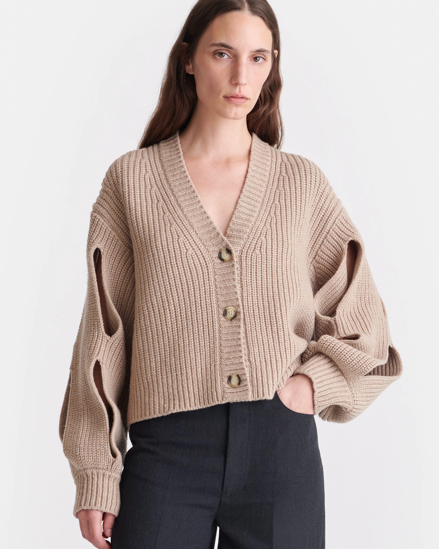 Karolin - Cropped Cashmere-Blend Cardigan - Oatmeal Compact Knit Structure Ribbed Collar Detail