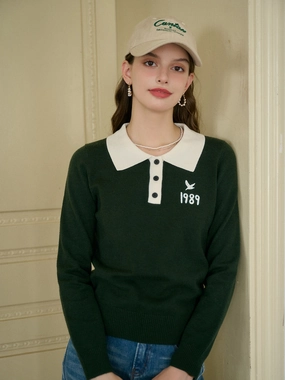 Katie Classic Contrast Lapel Bird Embroidered Sweater City Comforted