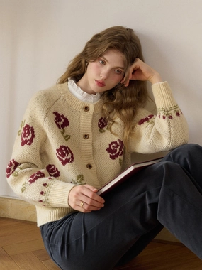 Casual Layer Katie Round Neck Jacquard Wool Cardigan