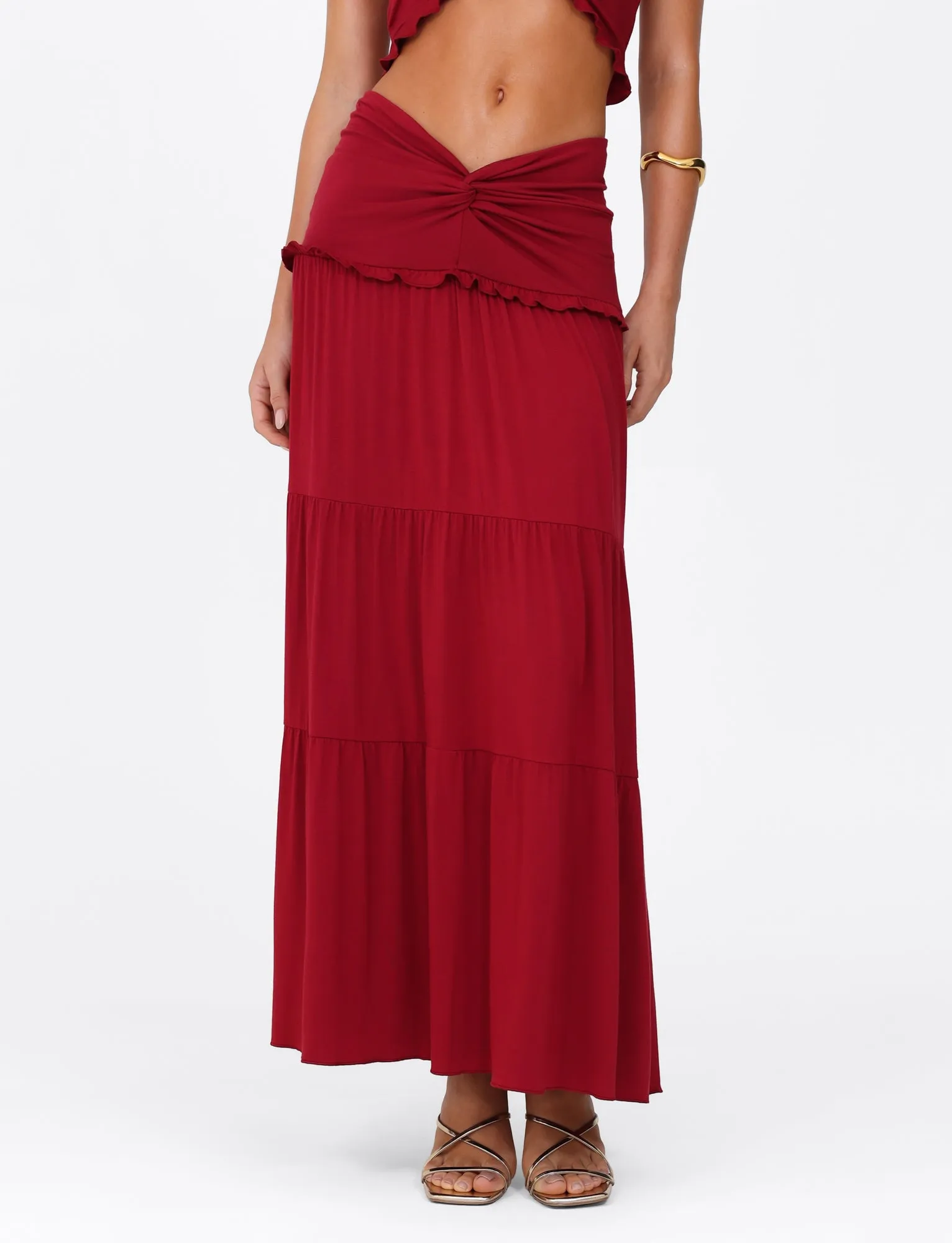 KATYA MAXI SKIRT - RED Matte Texture Double Layer Construction