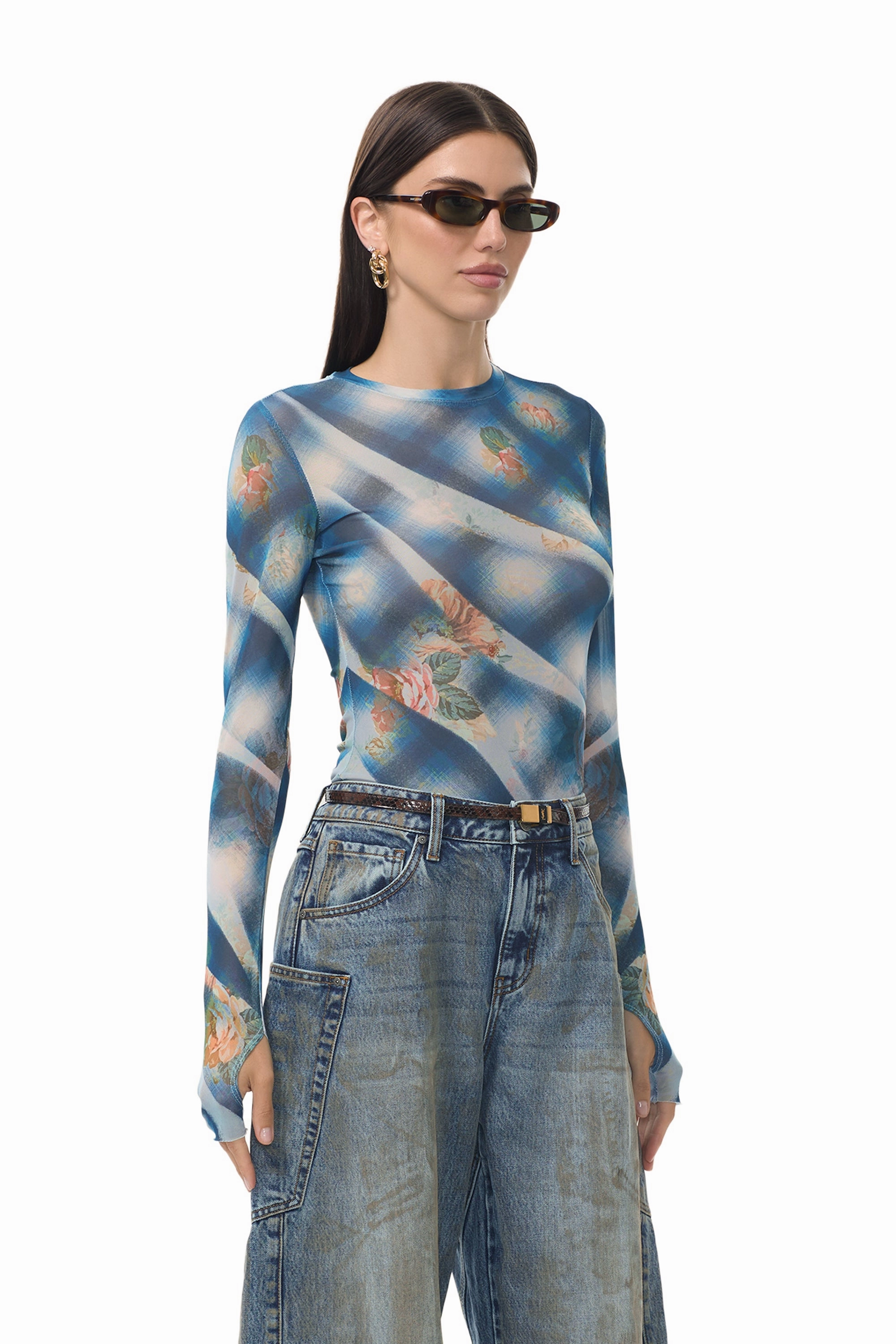 DropShoulderConstruction Kaylee Top - Blue Floral Plaid