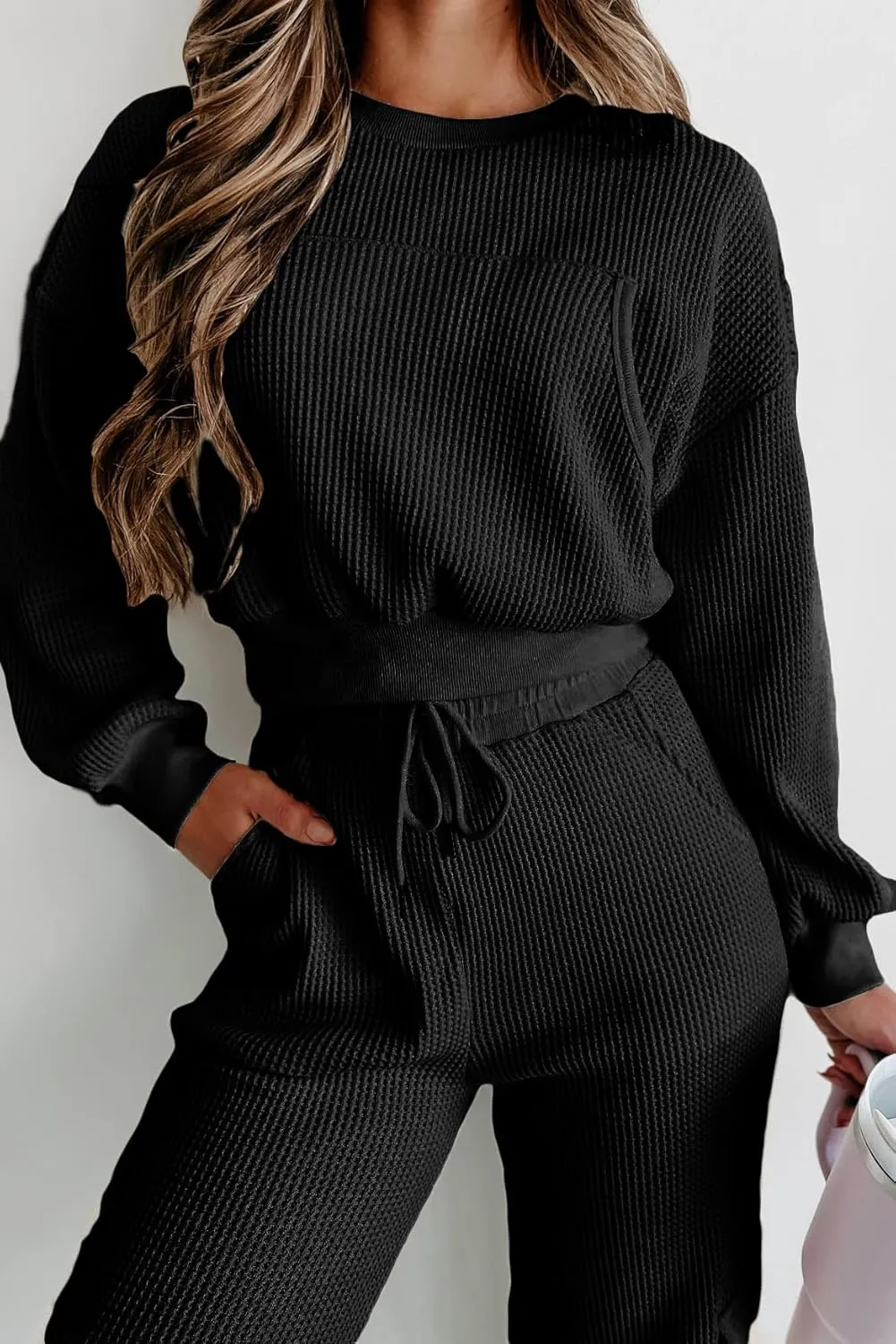 Kedera Womens Waffle Knit Pajamas Sets 2 Piece Outfits Knit Long Sleeve Pullover and Pants Sweatsuits