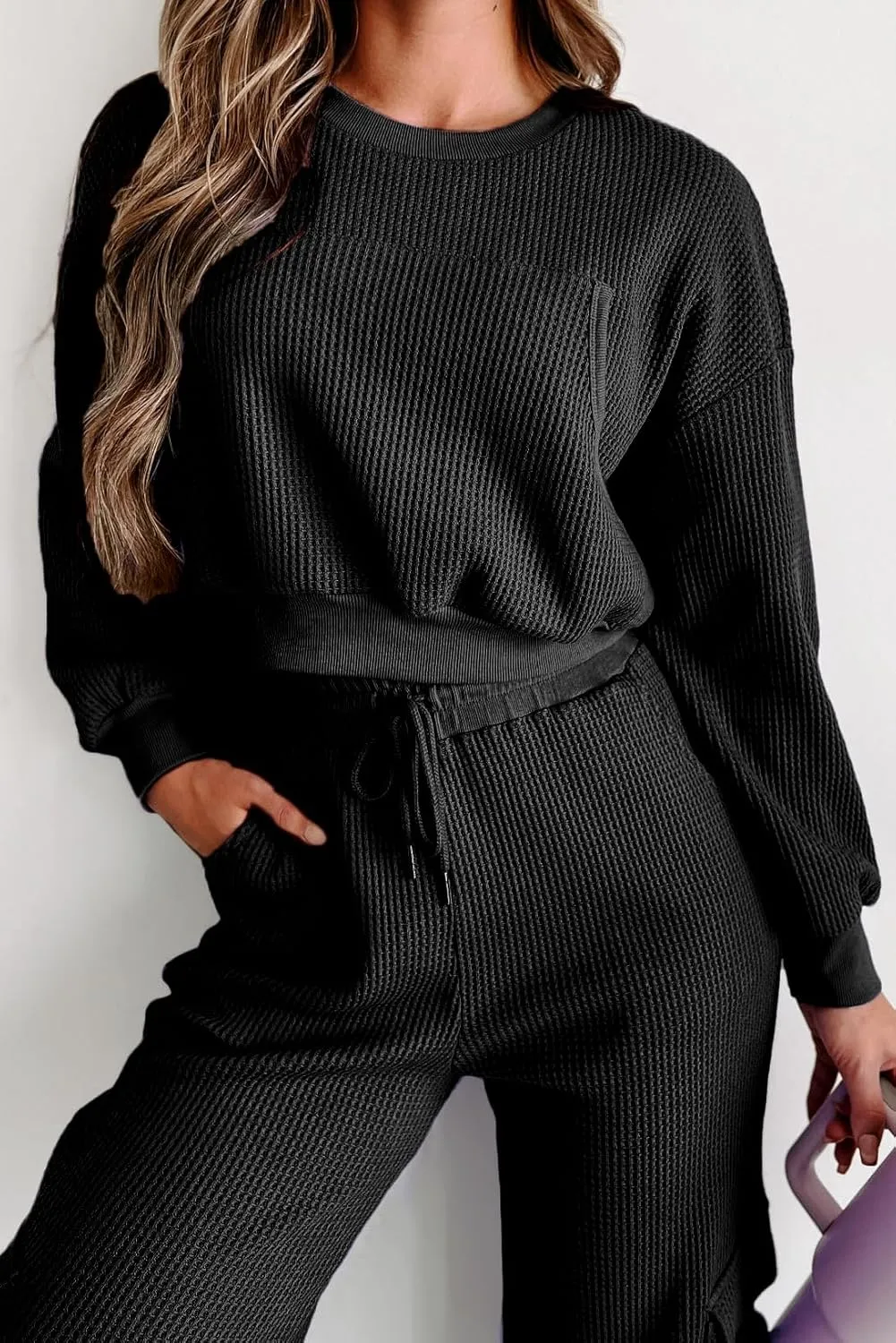Kedera Womens Waffle Knit Pajamas Sets 2 Piece Outfits Knit Long Sleeve Pullover and Pants Sweatsuits