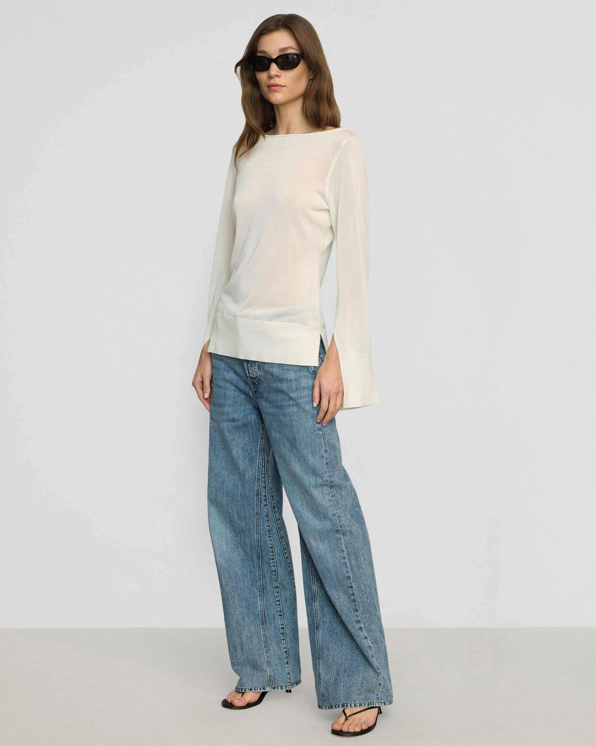 Breathable Microfiber WrinkleFree Structure Keegan Semi-Sheer Slit-Neck Knit Top