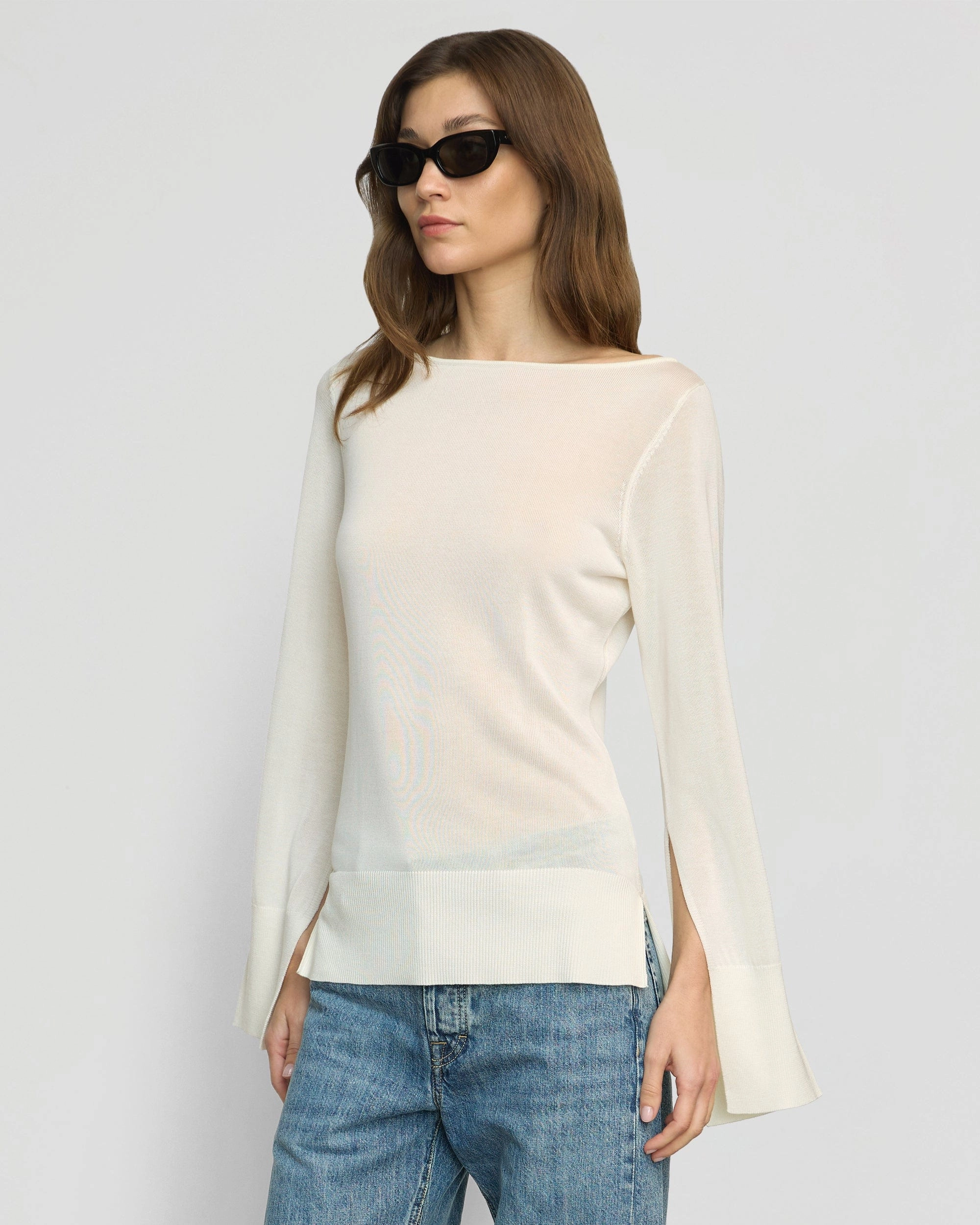 Lightweight Weave Material Keegan Semi-Sheer Slit-Neck Knit Top