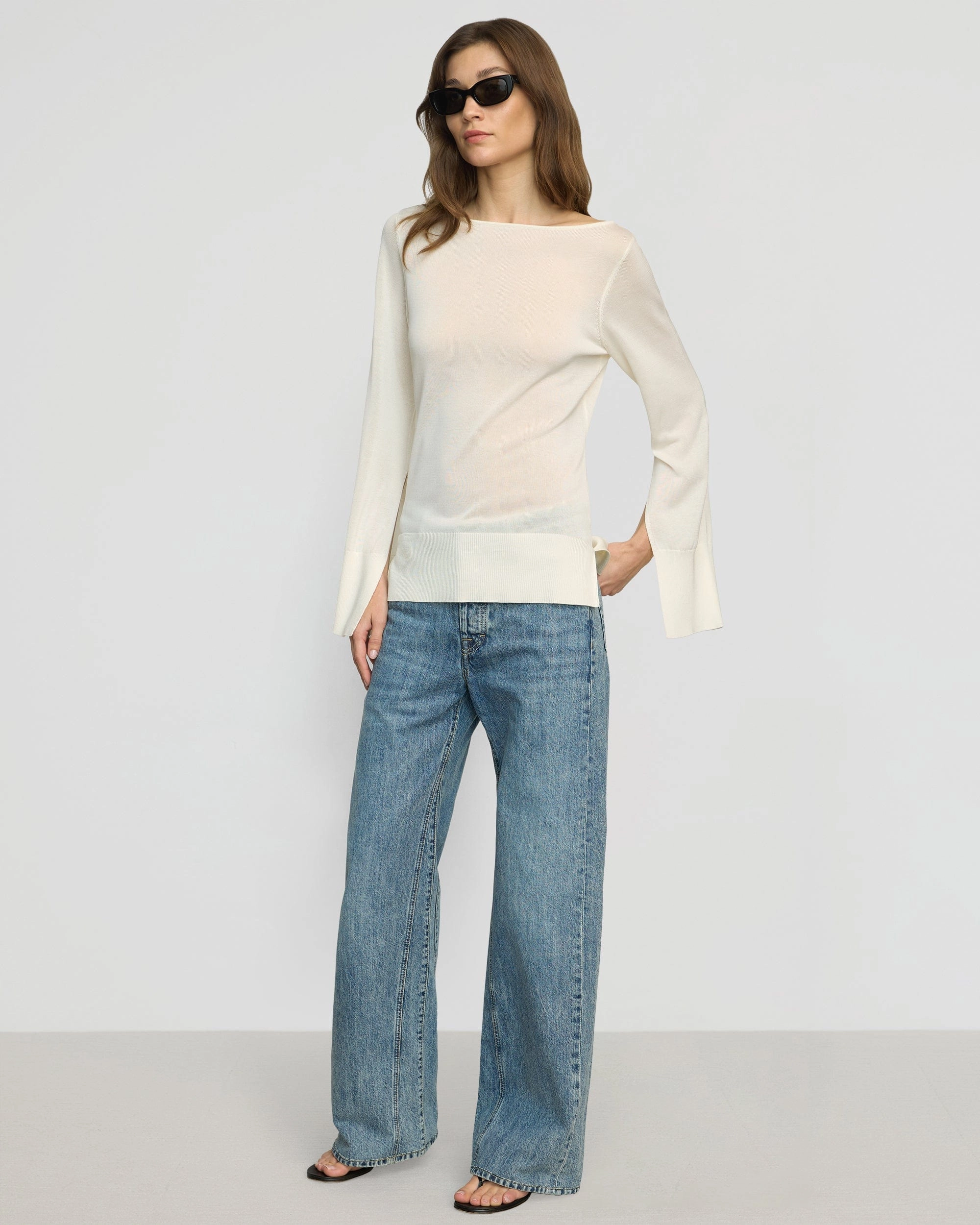 Keegan Semi-Sheer Slit-Neck Knit Top Flexible Ribbing