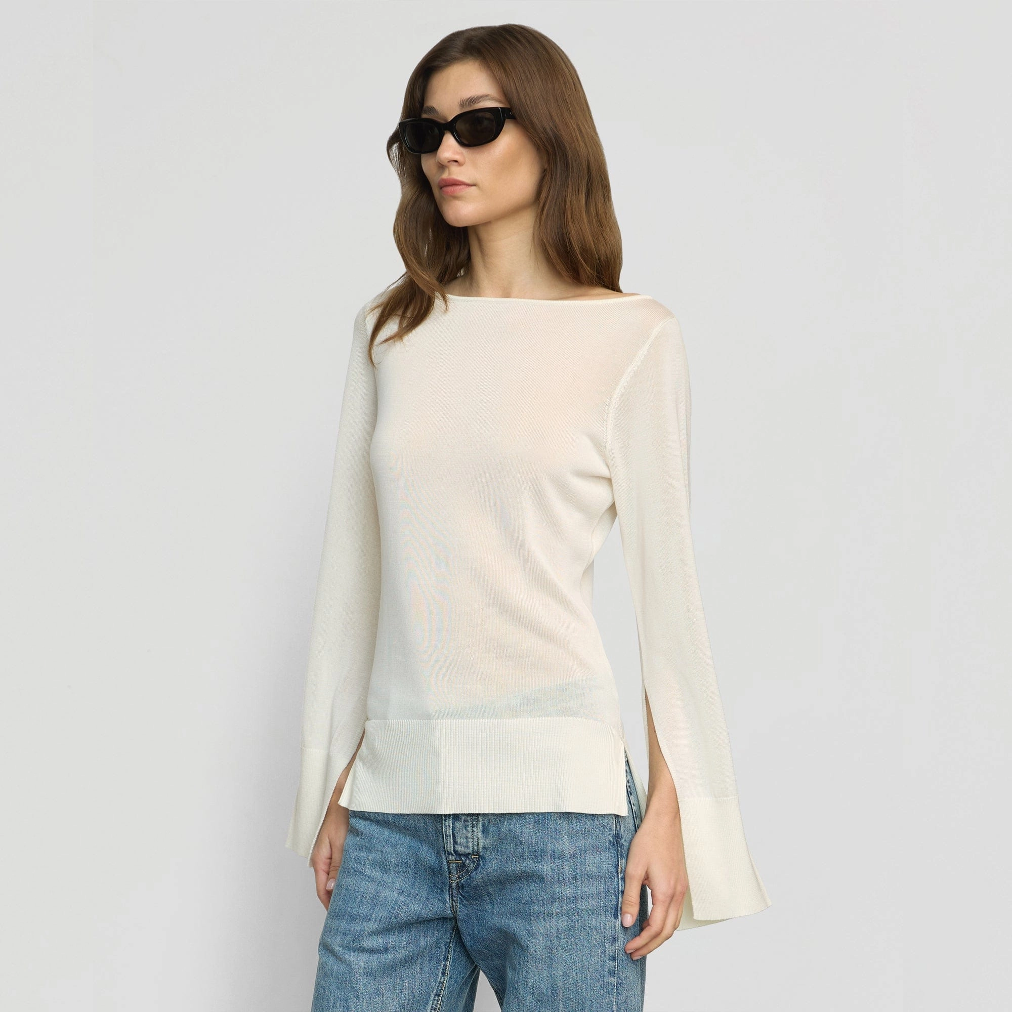 Keegan Semi-Sheer Slit-Neck Knit Top Casual Fit BreathableMeshPanel