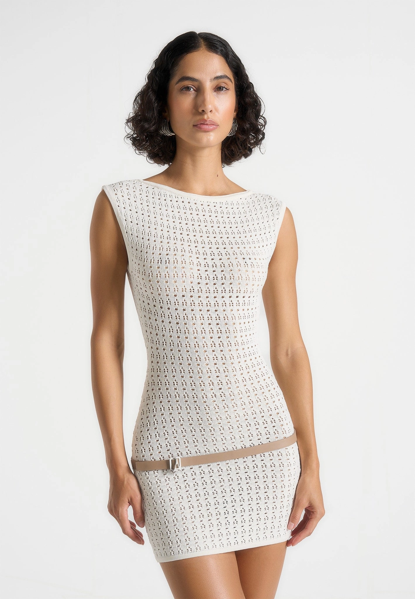 Keyla - Pointelle Mini Dress With Belt - Cream Home Outfit