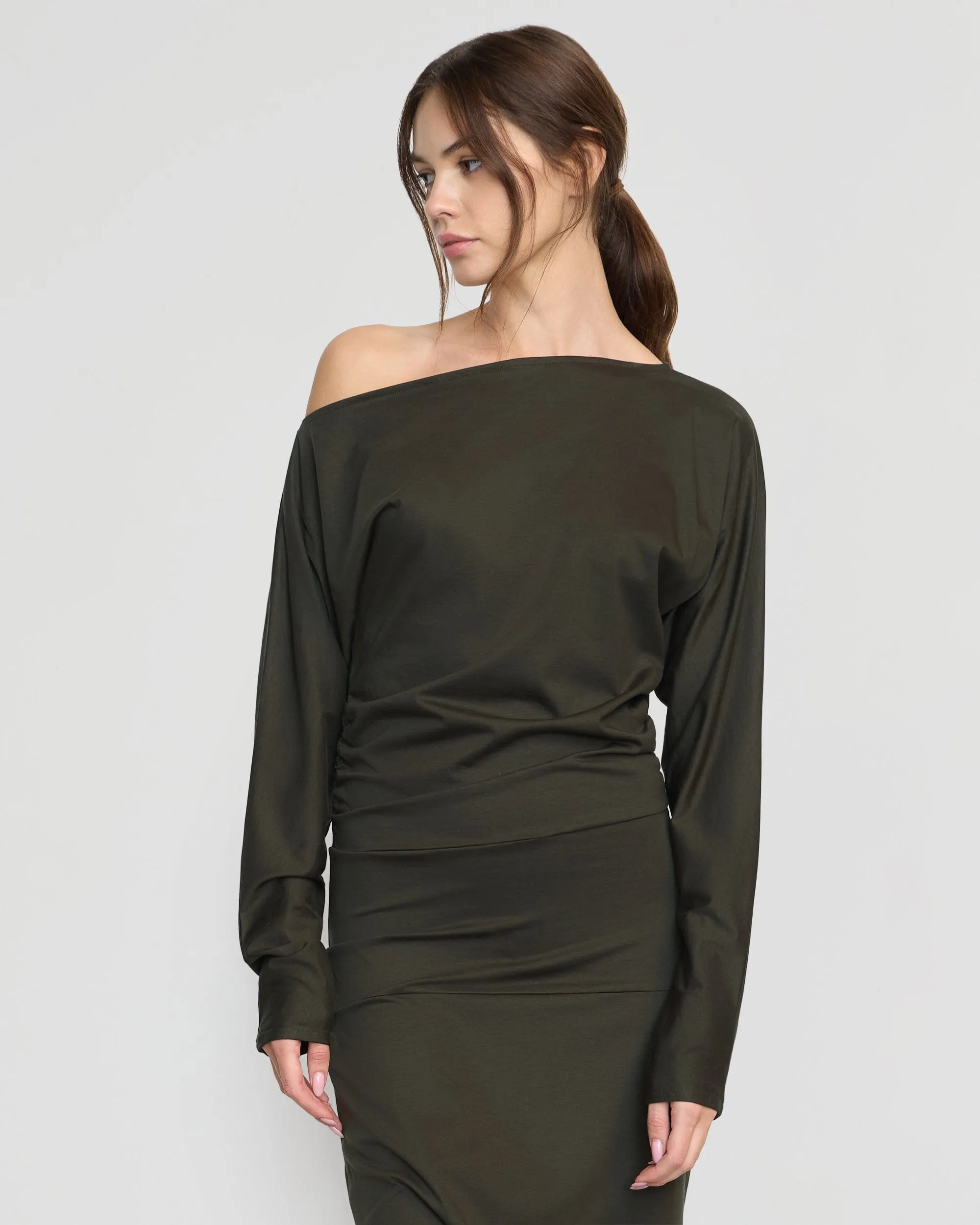 Kezia Off-Shoulder Satin Jersey Dress Glossy-Finish