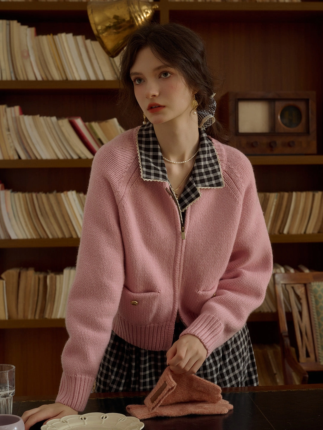Khaleesi Classic Ribbed Crew Neck Pocket 100% Wool Cardigan-Pink GarmentSpecific Storage Solutions