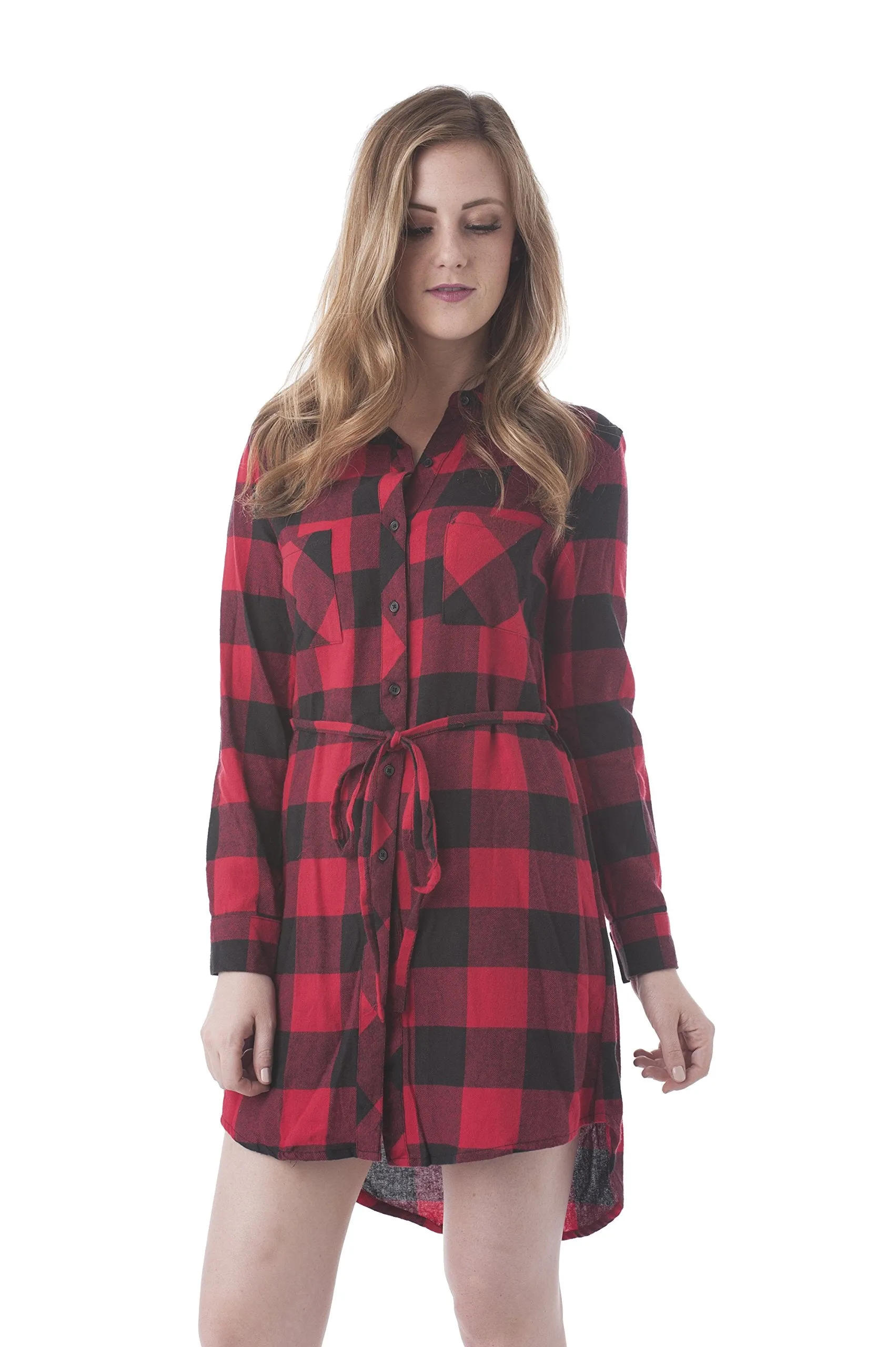 Khanomak Long Sleeve Plaid Checkered Belted Shirt Dress
