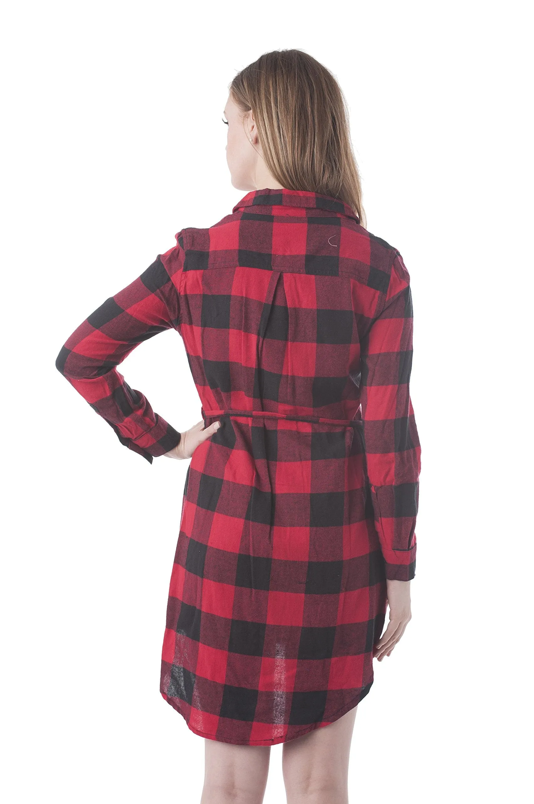 Khanomak Long Sleeve Plaid Checkered Belted Shirt Dress