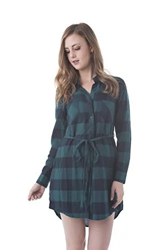 Khanomak Long Sleeve Plaid Checkered Belted Shirt Dress