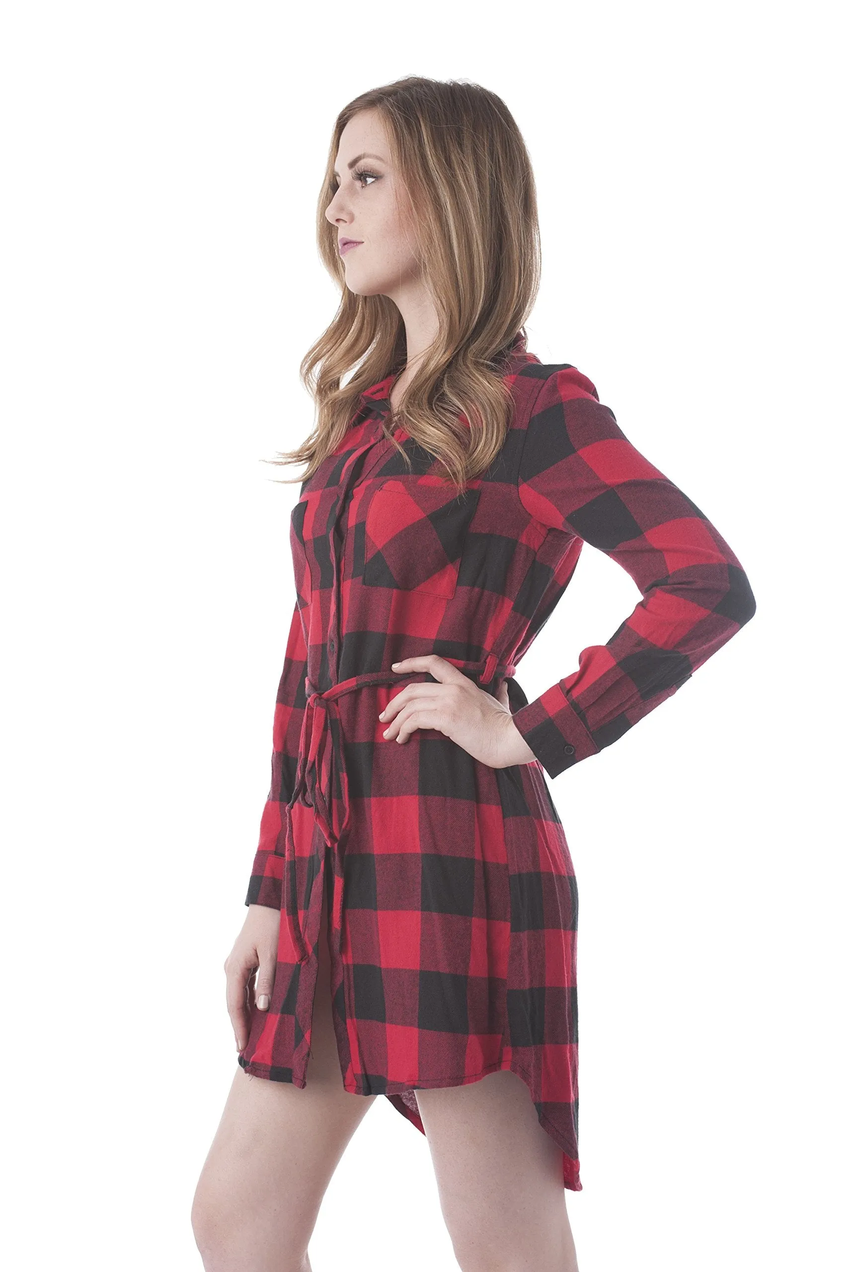 Khanomak Long Sleeve Plaid Checkered Belted Shirt Dress