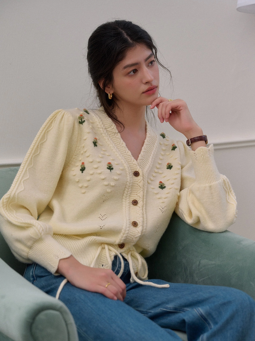 Biodegradable Fiber Construction LowCarbon Footprint Textile Kira V-Neck Crochet Tie-Waist Wool Sweater