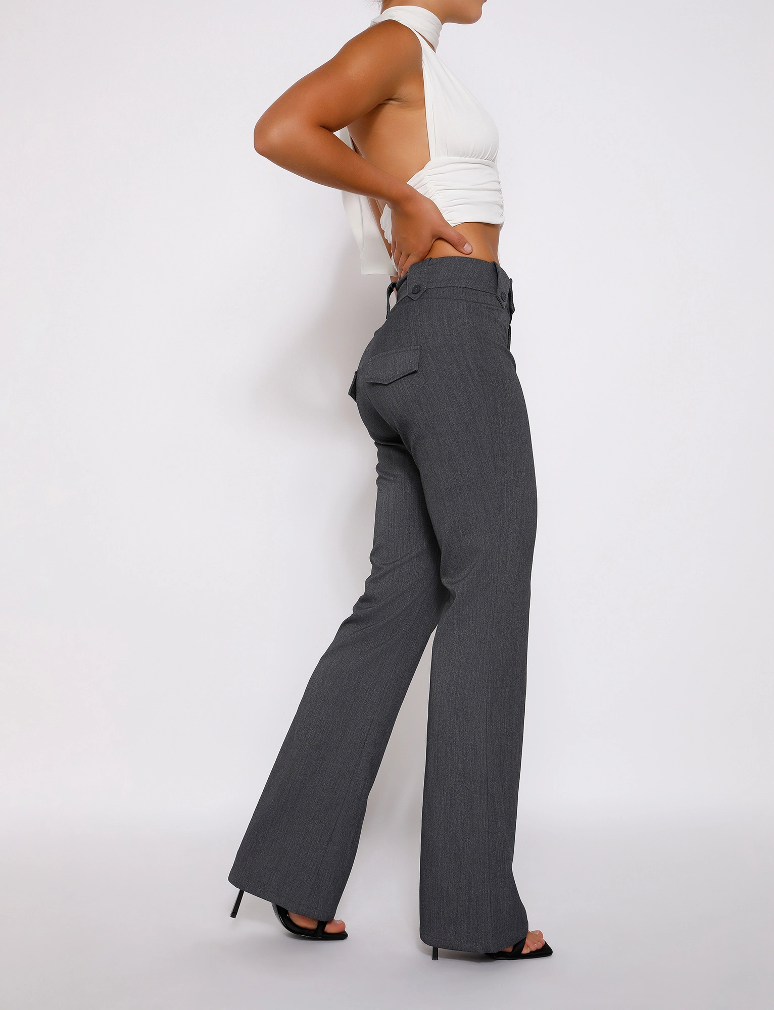 KITTIE HIGH RISE PANT - GREY Sleek Waist TailoredSilhouette